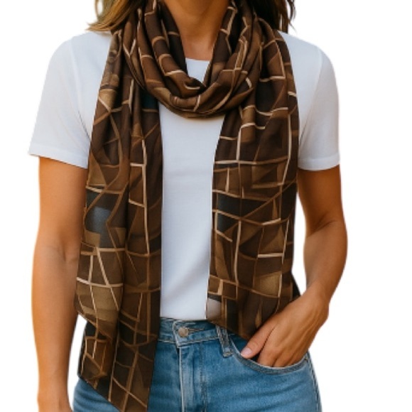 DANIER Silky Semi Sheer Geometric Print Rectangular Scarf Earth Tones Hair Neck - Picture 1 of 9